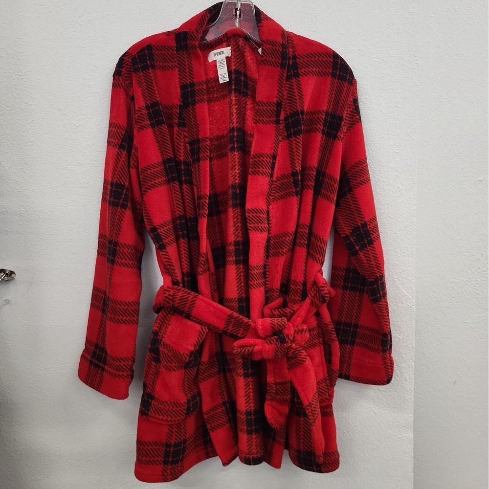 PINK Victoria's Secret Robe Womens XS/S Red Black Flannel Plaid Plush Ladies